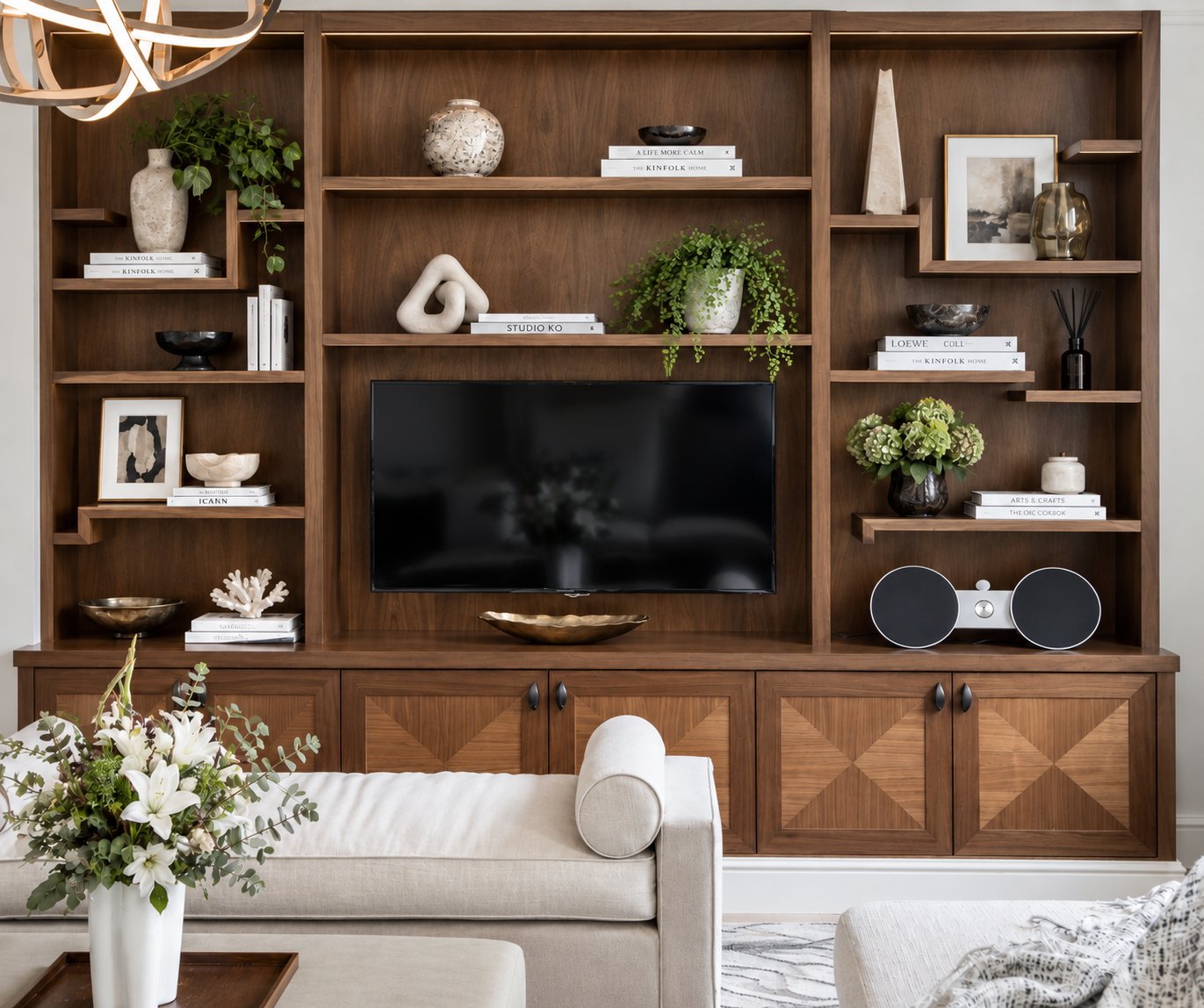 Stanhope Gardens living room with bespoke timber cabinetry.