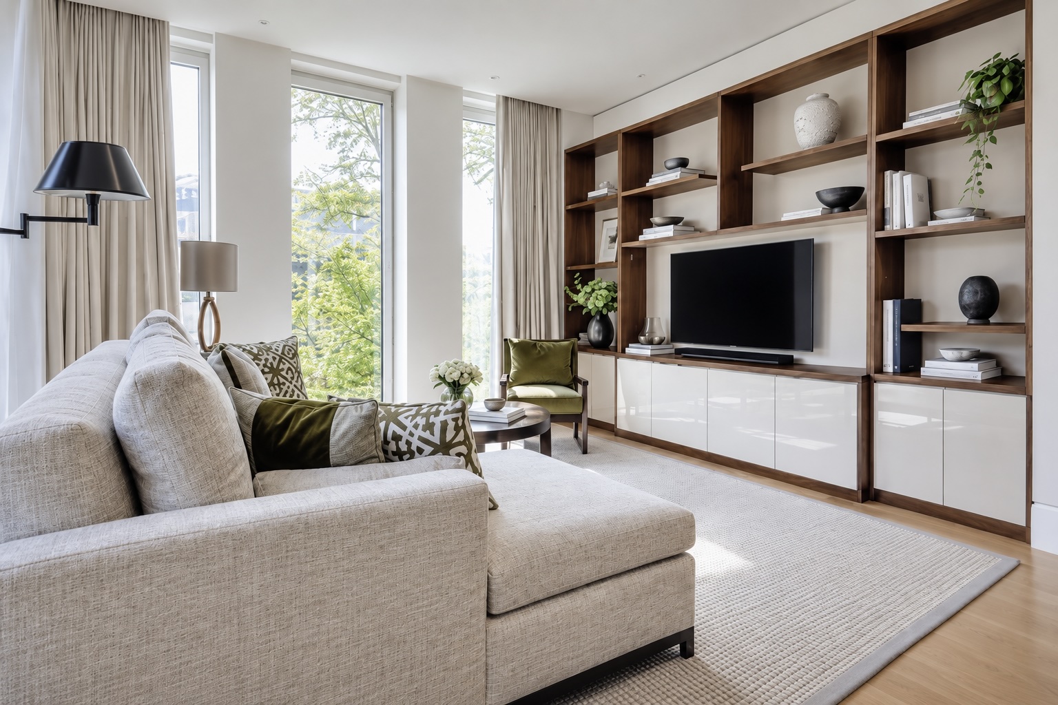 Holland Park living room with bespoke timber joinery and views to the trees.