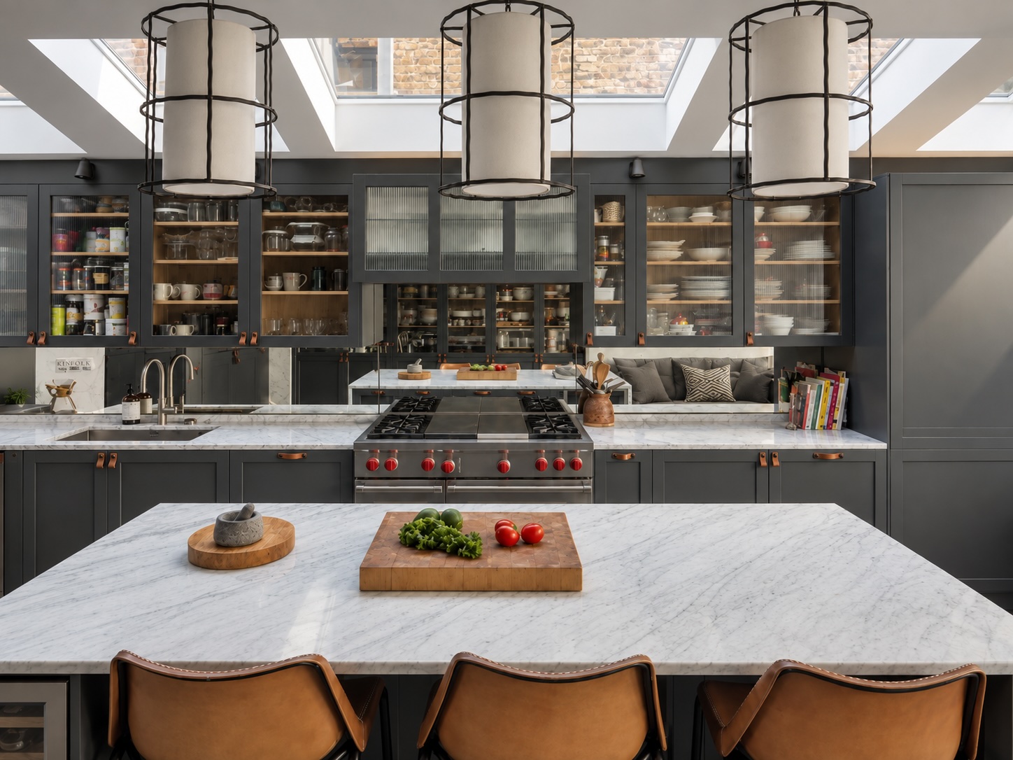 The Clapham kitchen with pendant lights above the island.