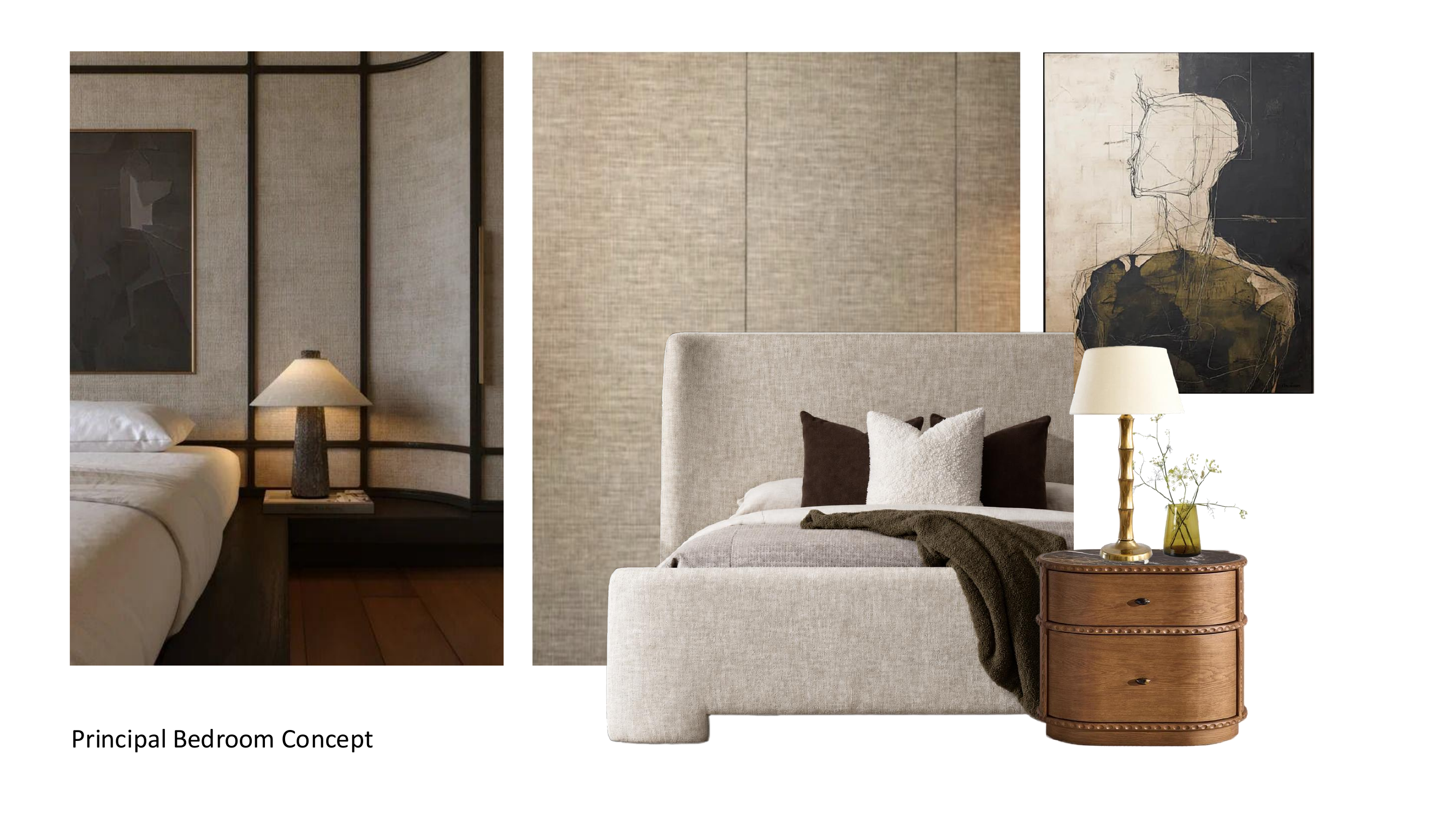 The Principal Bedroom Concept board with a bedroom photograph, wall texture, upholstered bed, artwork, lamp and bedside table.