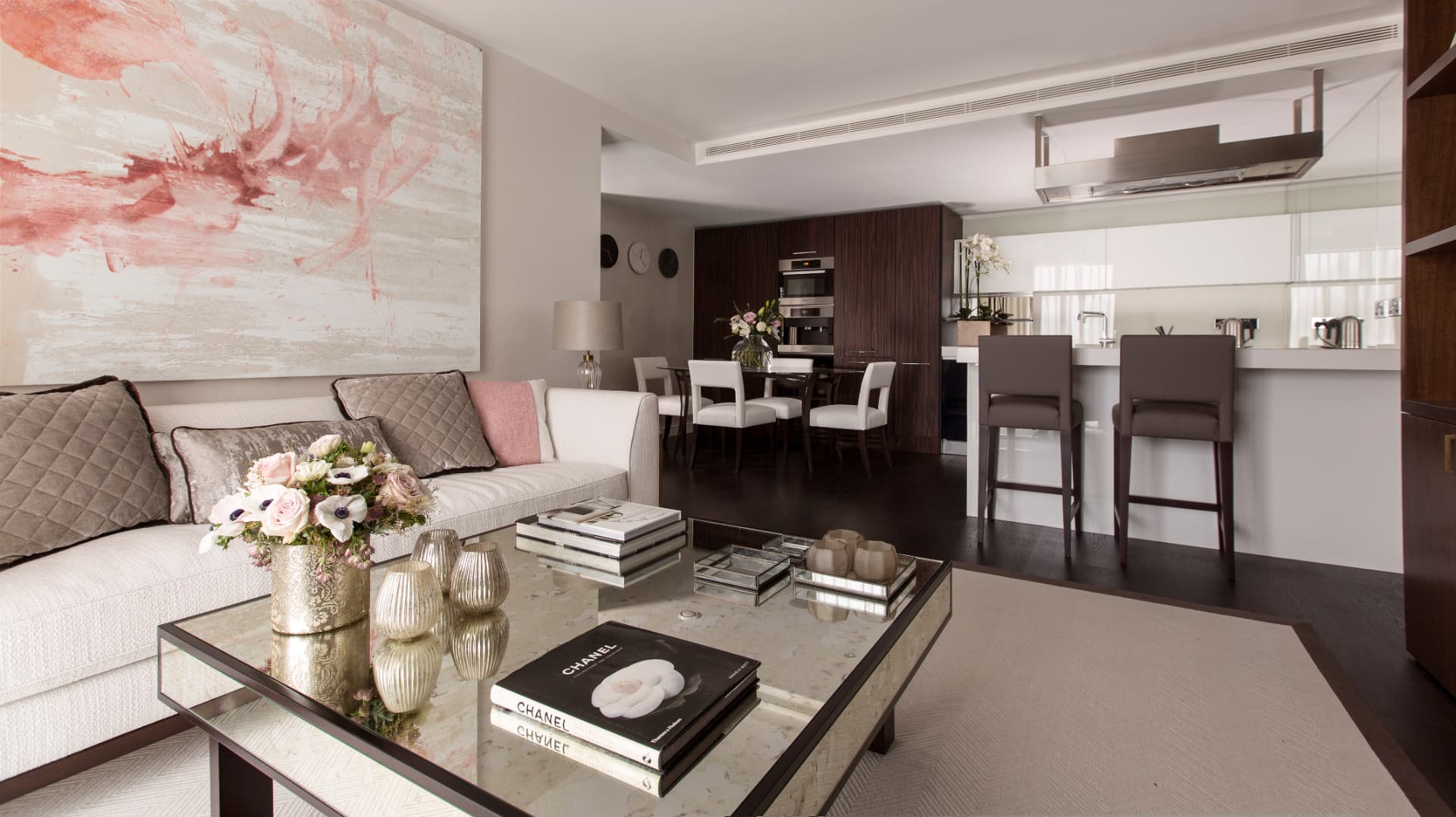 Open-plan living, dining and kitchen space at Grosvenor Waterside.