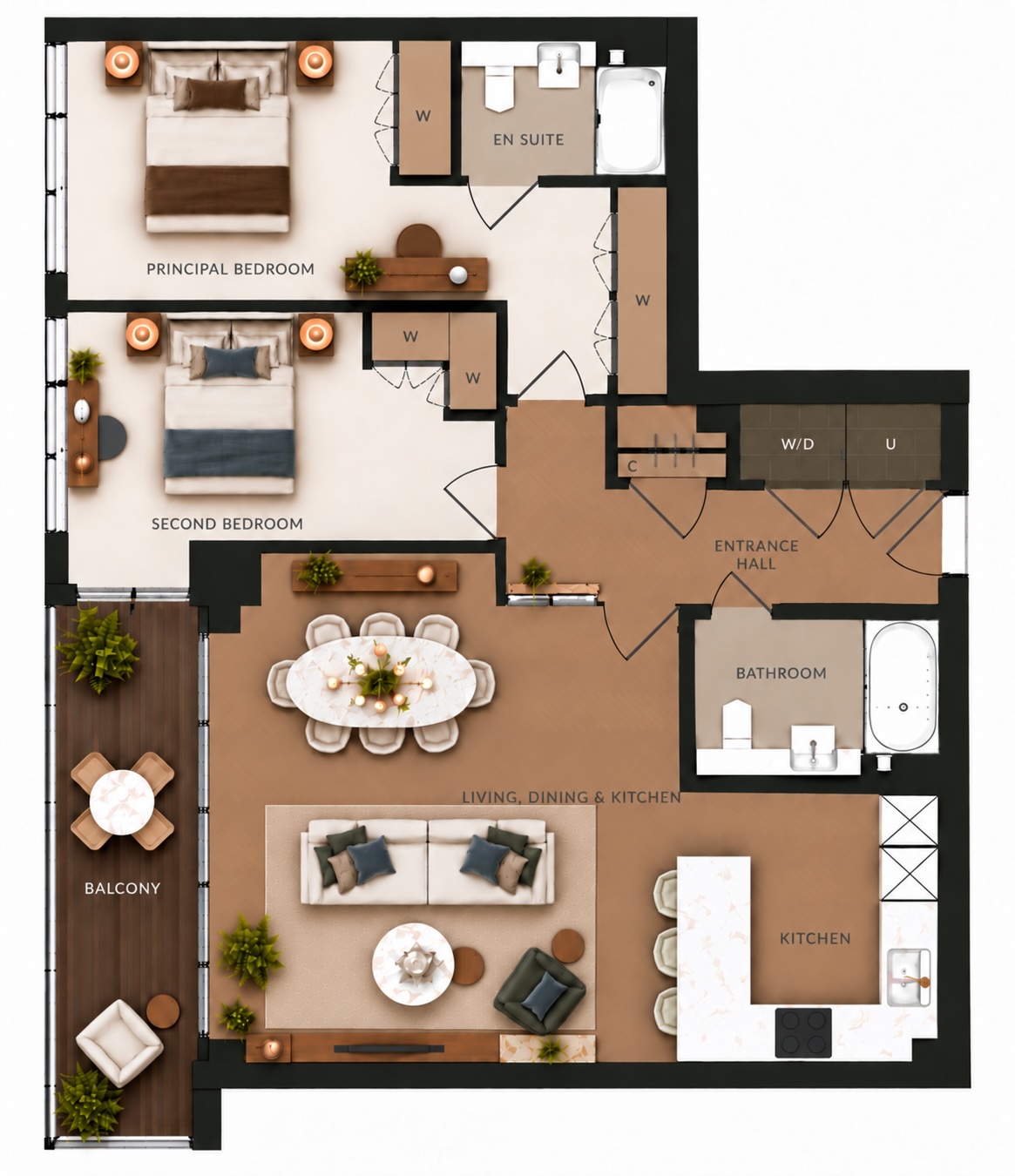 Furnished floor plan of a two-bedroom apartment showing the bedrooms, living, dining and kitchen spaces.